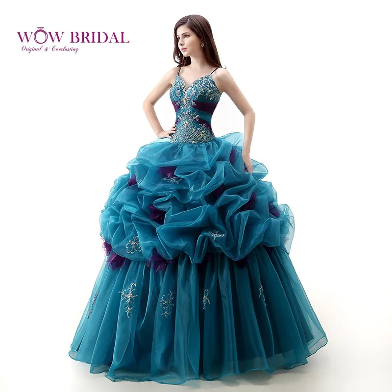 Wowbridal королевская платье для празднования 15-летия голубого цвета Спагетти ремни v-образным вырезом Кристалл вышитые бисером Многоуровневая органза оборками платье