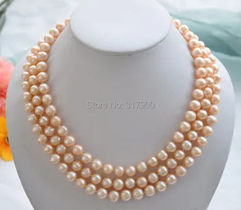 

3row 17-19" 10mm pink round FRESHWATER CULTURED pearl necklace