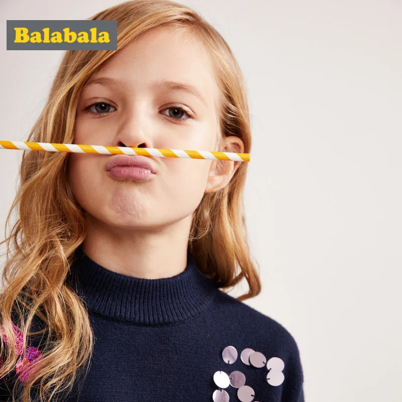 

Balabala Girls Fine Knit Mock-Turtleneck Sweater with Sequin Dropped Shoulder Sweater with Ruffle-Trimed Hem Ribbed Cuff and Hem
