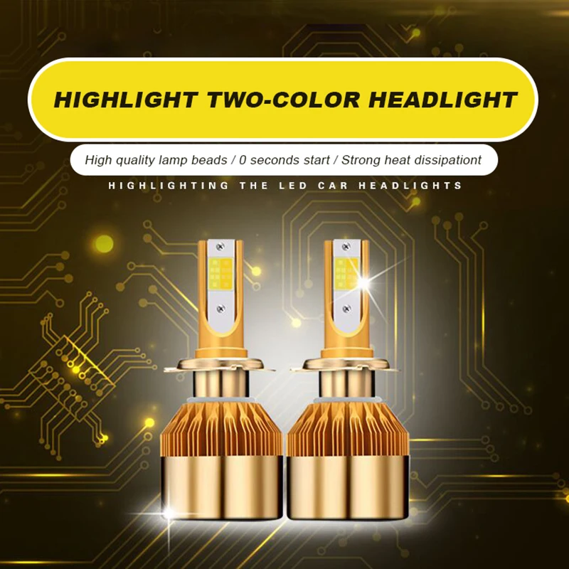 Car-Led-headlights-Two-color-warm-yellow-white-light-car-H11-H7-H4-fog-light-bulb