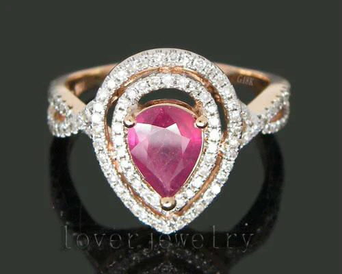 

Solid 14Kt Rose Gold 3.28Ct Natural Diamond Red Ruby Engagement Ring 7x9mm Pear Shape Jewelry for Women