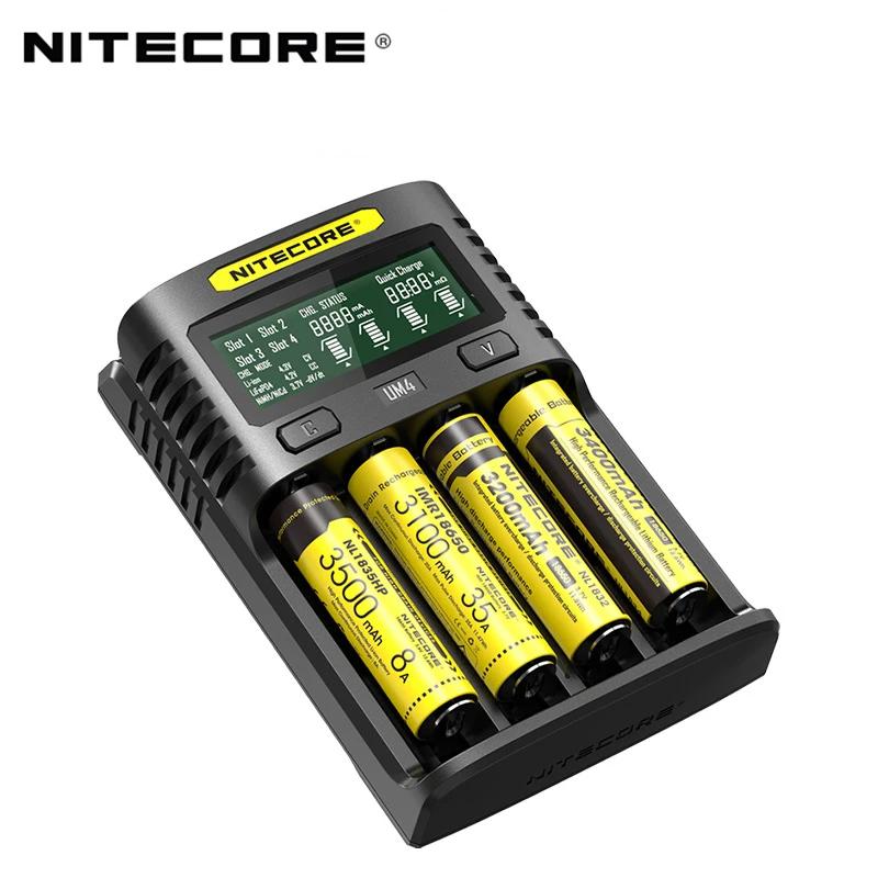 Tanie Nitecore UM4 USB czterokanałowy QC C4 VC4 LCD inteligentna ładowarka IMR INR ICR li ion AA 18650 14500 16340 26650 ładowarka 3.7 1.2V 1.5V