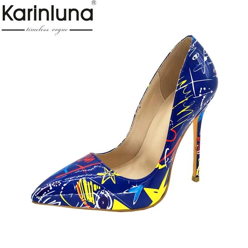 

Karinluna 2018 brand shoes woman large size 34-43 super thin high heels white printing pointed toe wedding shoes women footwear