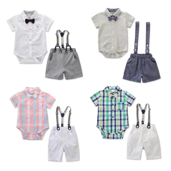 

Toddler Baby Boy Gentleman Outfits Formal Party Clothes Plaid Bow T-shirt Top Romper+Bib Shorts Overalls Kids Clothing Set 0-24M