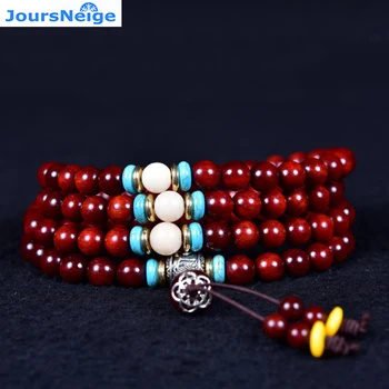 

JoursNeige Africa Lobular Red Sandalwood Bracelet 108 Beads Size 8mm Round Wood Bracelets Tibetan Silver Three Links Jewelry