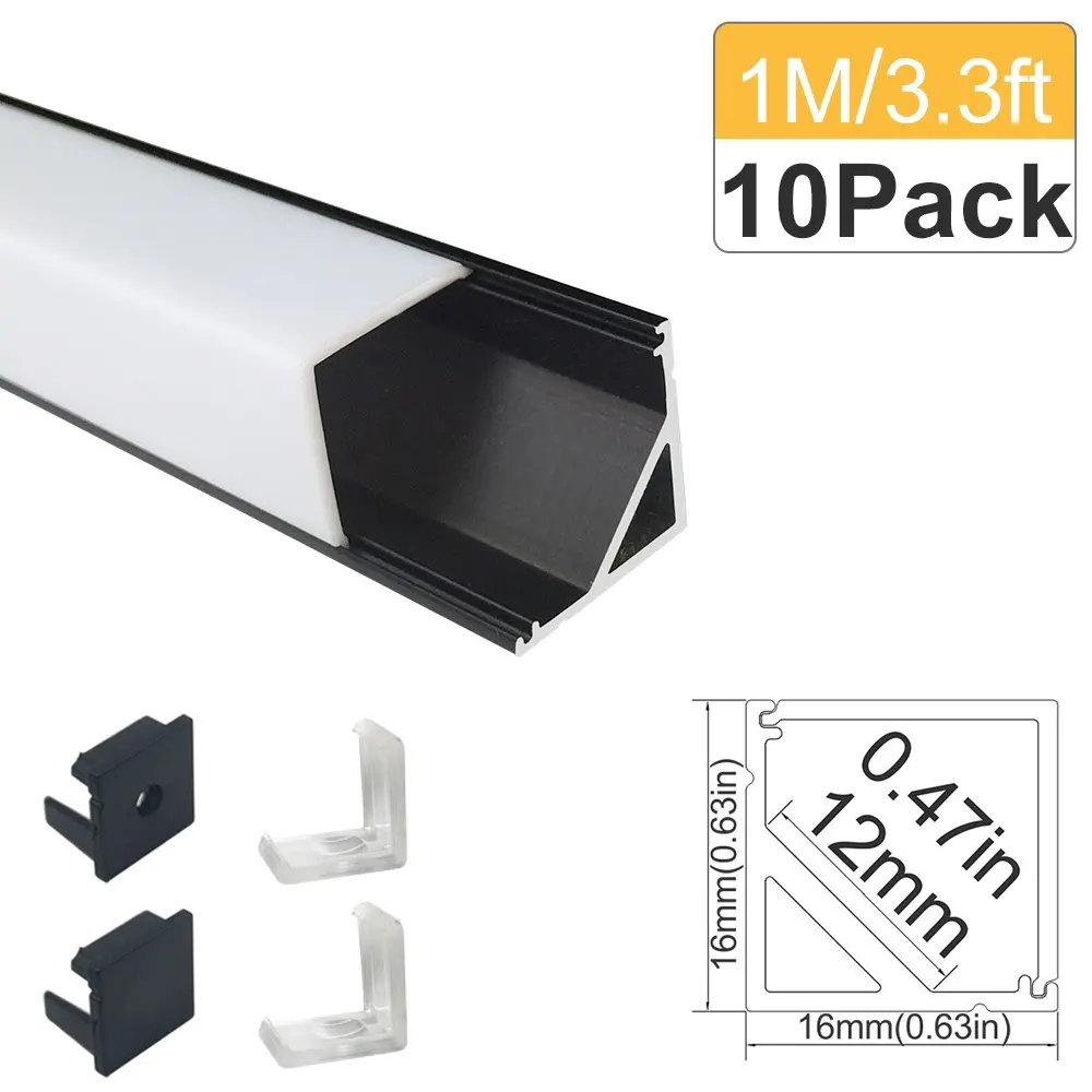 10-Pack LED hliníkový profil 3.3ft / 1m černý tvar V pro hliníkový kanál 3528 5050 LED s kryty krytu zakončení - V01B10