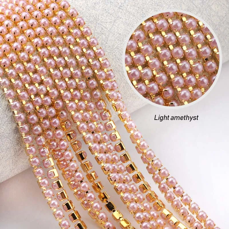 New ABS Colorful Pearl Chain SS6/2mm Gold Base Cup Pearl Chain 