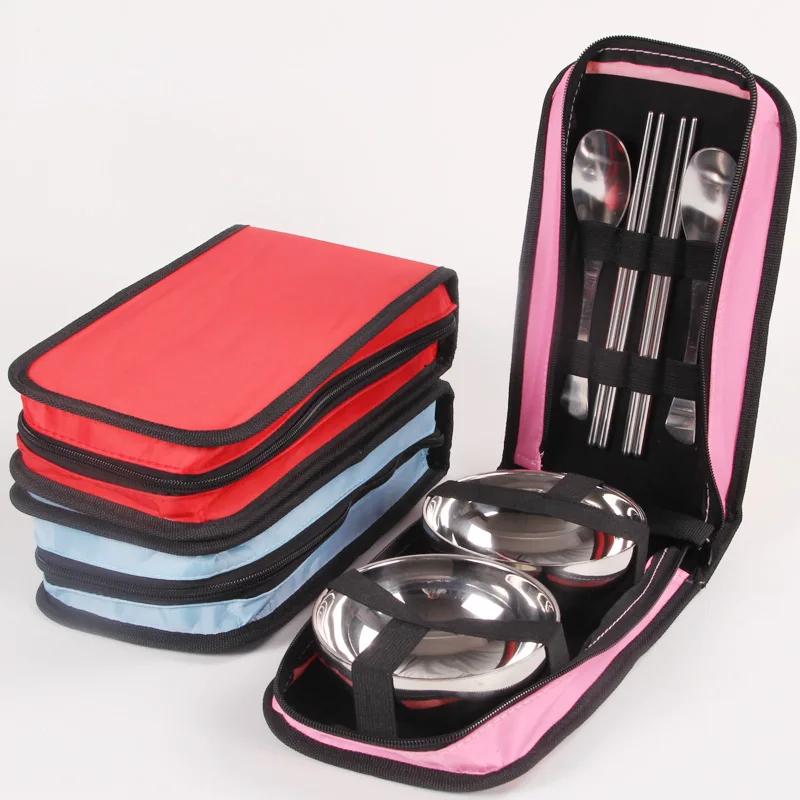 

6Pcs Stainless Steel Tableware Dinnerware Bowls Fork Spoons Chopsticks Outdoor Cutlery Set with Storage Bag for Camping Picnic