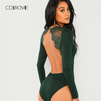 

COLROVIE Green Solid Backless Long Sleeve Sexy Lace Bodysuit Women Autumn Elegant Female Office Basic Skinny Bodysuits