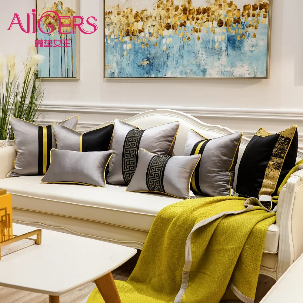 

Avigers Luxury Chinese Style Patchwork Cushion Covers Striped Black Grey Home Decorative Pillow Cases for Sofa Living Rooms