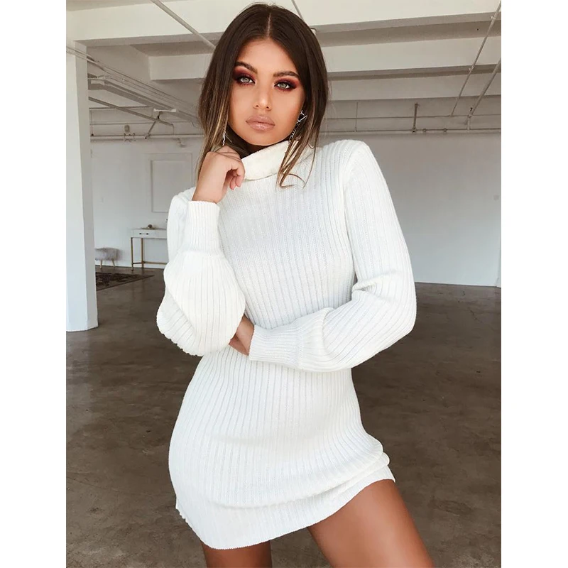

Autumn Knitted Turtleneck Mini Bodycon Dress Winter Long Sleeve Pull Femme Pullover Ribbed Sweater Dress Vestidos Hippie Robe