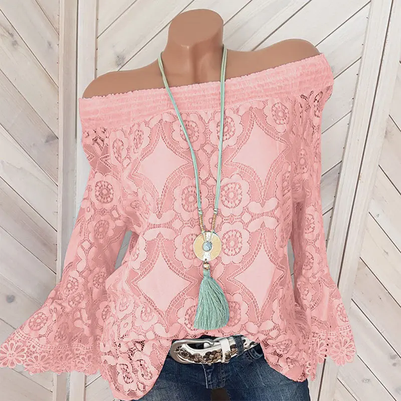 

Women's Lace Ruffles Shirt Top Off Shoulder Plus Size 5XL Long Butterfly Sleeve Feminine Blouse Tops Summer Lady Elegant Clothes