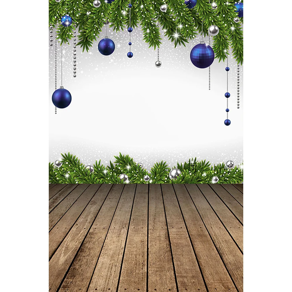 Christmas Photography Backdrops Printed Blue Silver Balls Green Pine
Tree Leaves Snowflakes Kids Photo Background Wood Floor