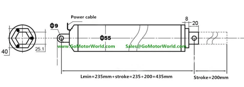 LA13 linear actuator 200mm stroke drawing