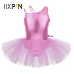 IIXPIN/гимнастическое трико для девочек, блестящее платье-майка, блестящее платье на одно плечо с сеткой и бантом, балетное танцевальное