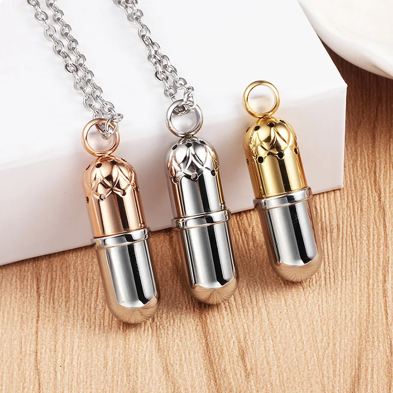 

Capsule pill shaped stainless steel aromatherapy necklace essential oils diffuser locket perfume pendant with 50cm chain