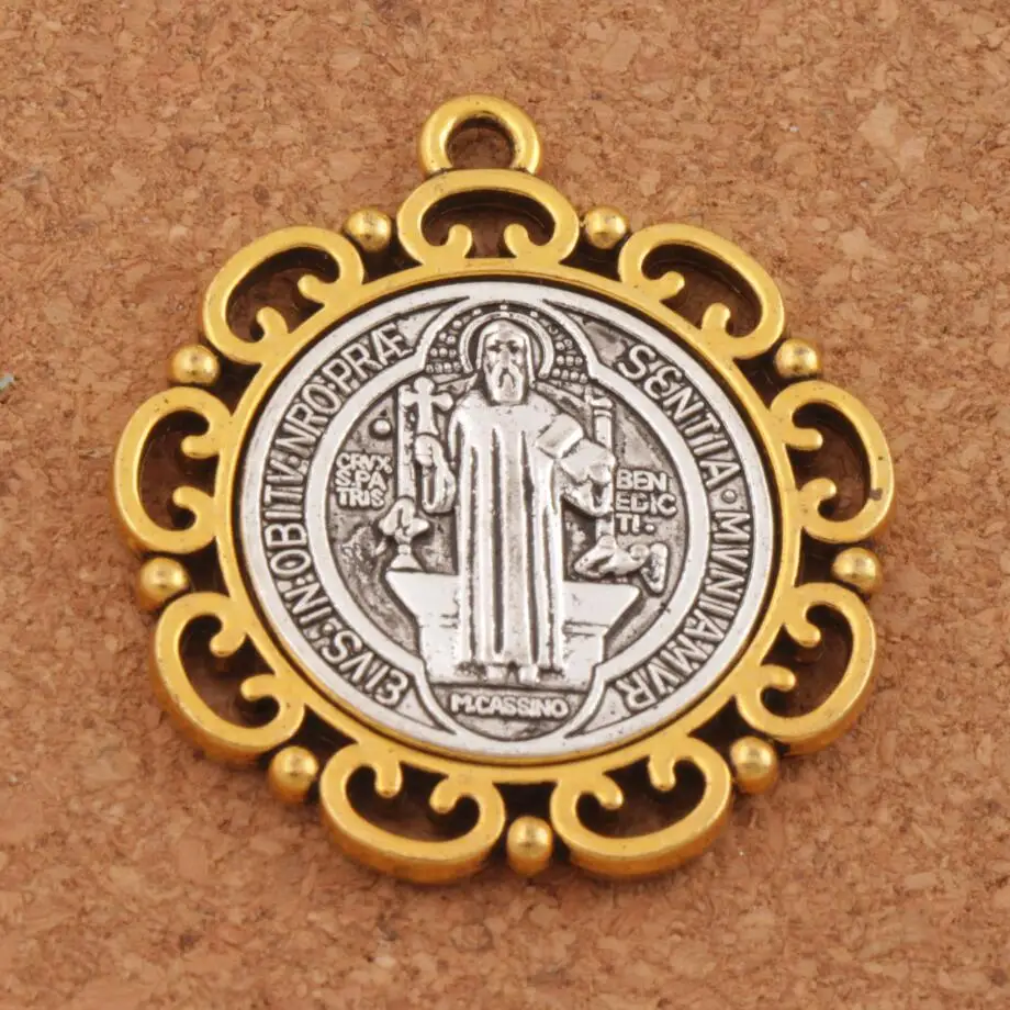 

2pcs Flower Saint St Benedict Medal Cross Spacer Charm Beads Two Tone Pendants L1705 37x33mm