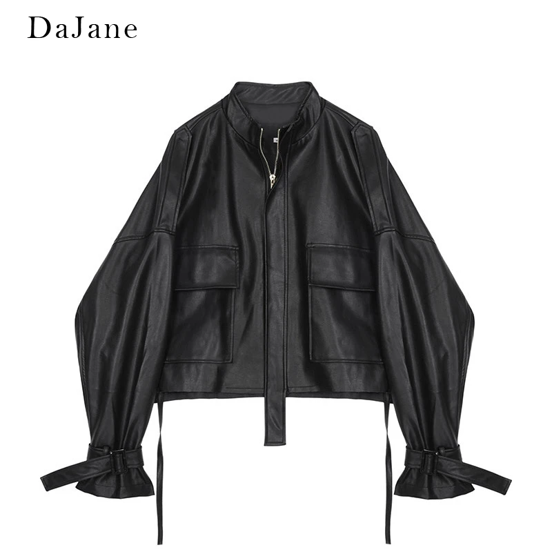 

Korean Loose Version Of The Thin Collar Leather Jacket Female Short Paragraph DaJane Spring New Drawstring Strap Leather Jacket