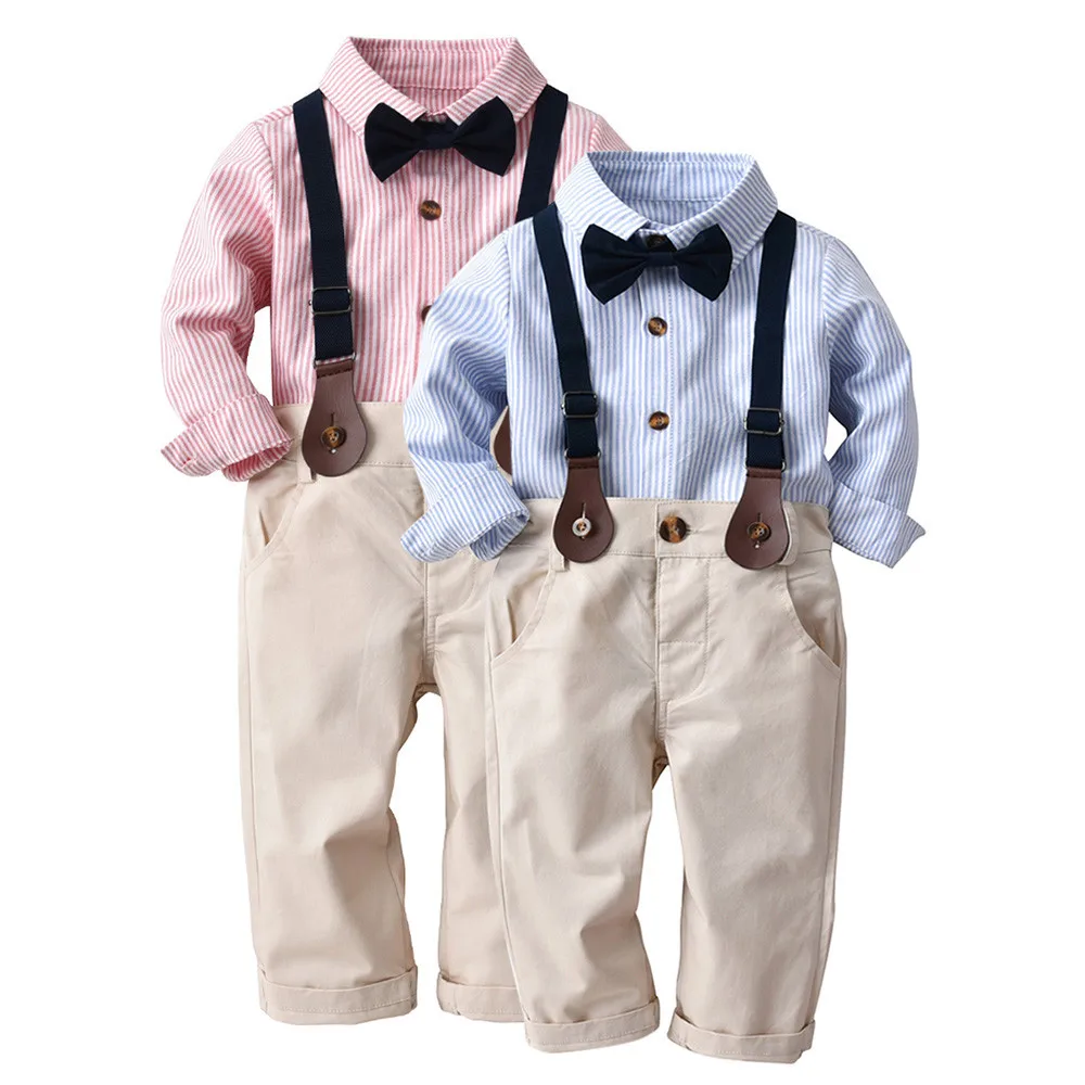 

6M-3Y Toddler Boy Bow Blouse Striped Gentleman Uniforms Bowtie Long Sleeve Shirt+Overall Pants Bowtie Sets Cotton Casual Camisas