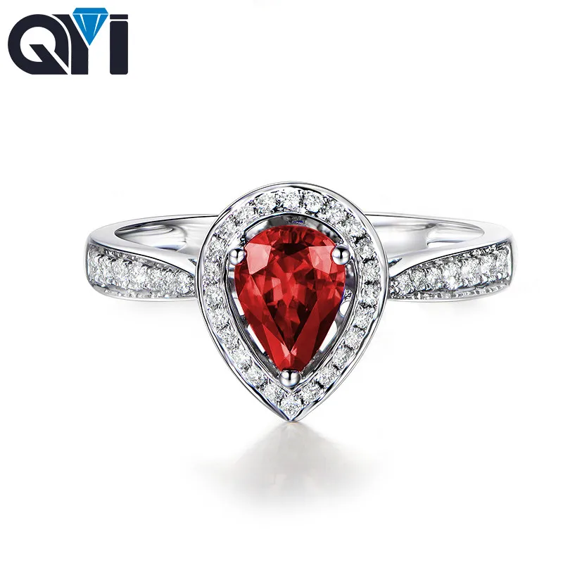 

QYI Simulated Ruby Halo Rings1 ct Pear Cut Red Sona Stone Jewelry Women 925 Sterling Silver Engagement Wedding Rings