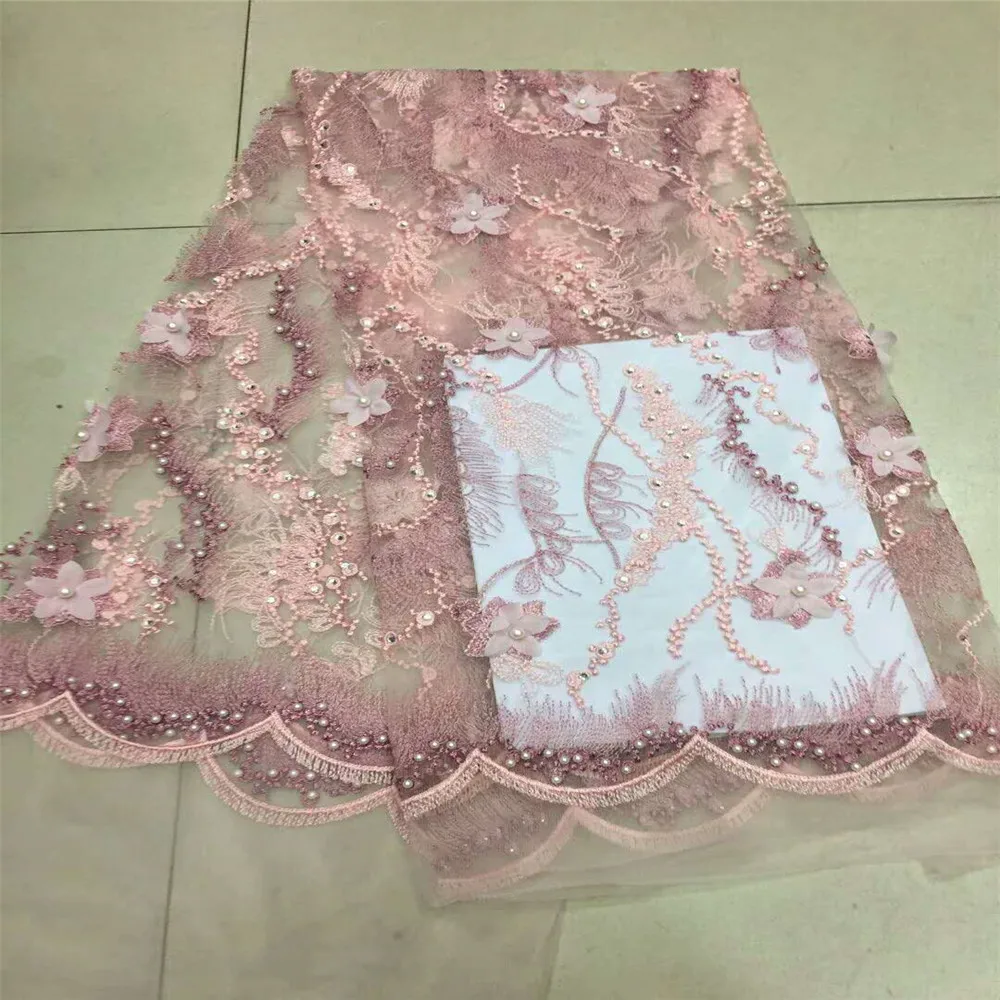 

Nigeria African Style Pink Bridal Tulle Embroidered Dress Beaded Lace Fabrics For Evening Party X469-2