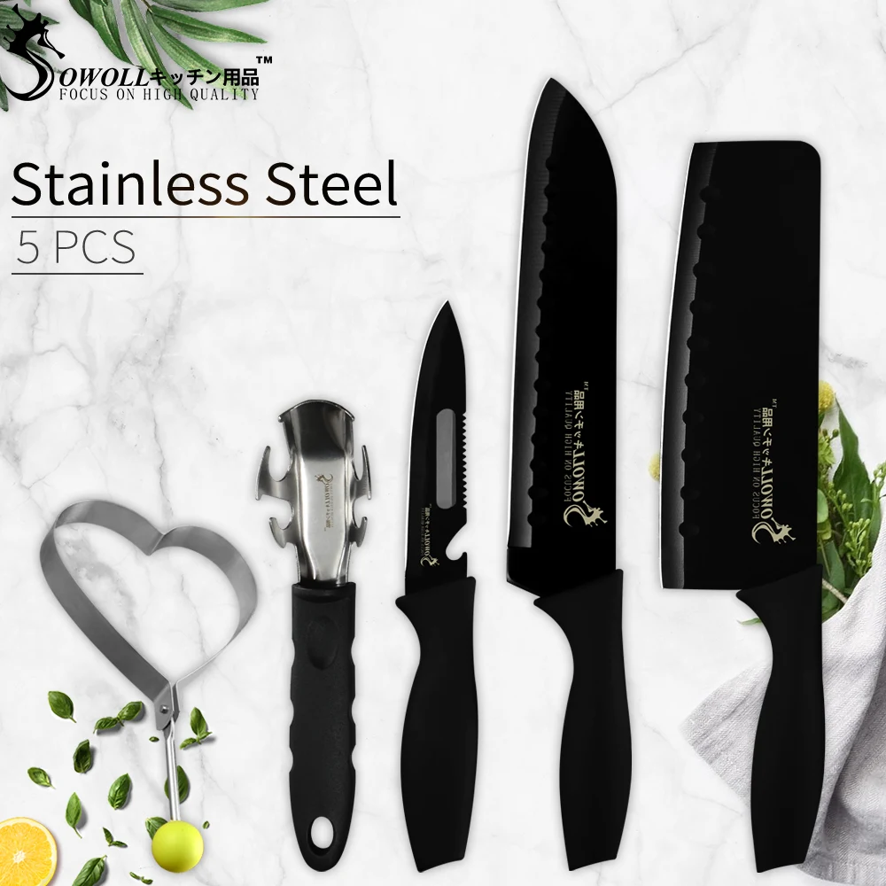 

Sowoll Stainless Steel Chopping Nakiri Santoku Utility Kitchen Knife Multi-functional Dish Clamp Omelet Mould Kitchen 5Pcs/set