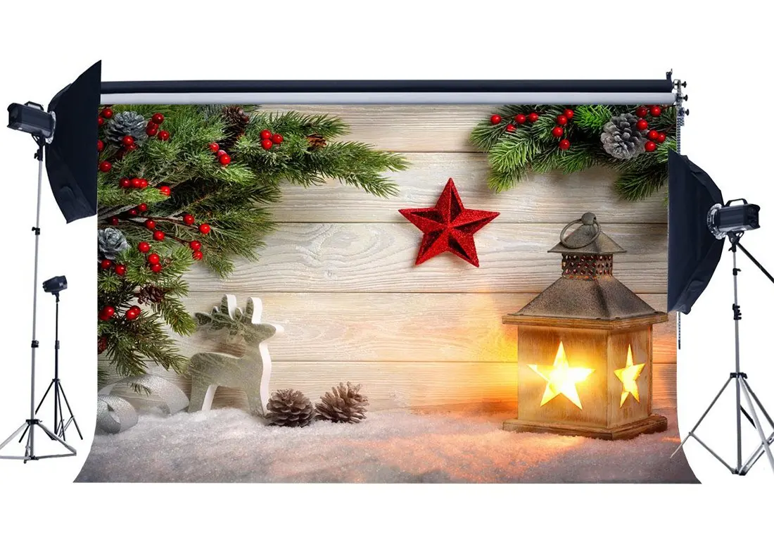 

Photography Backdrop Xmas Merry Christmas Lantern Red Star Snow Weathered Wood Floor Backdrops Happy New Year Background