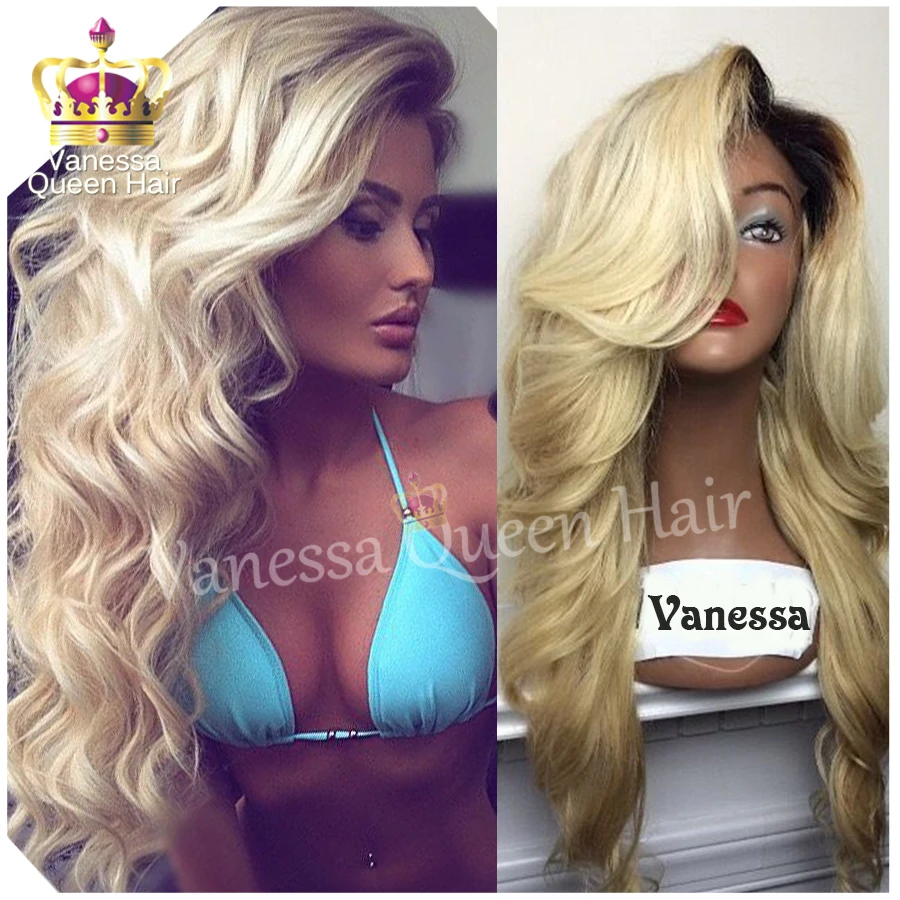 

Top Quality Two Tones Synthetic Lace Front Wig Black/Blonde Ombre Hand Tied Wavy Wigs Dark Roots Heat Resistant Fiber Hair
