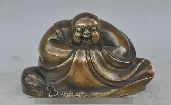 

S3512 8"china buddhism bronze wealth gold bag happy laugh Maitreya Buddha lucky statue