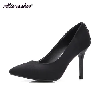

Pointed Women Shoes High Heels Black Blue Red Shallow Stiletto Heels Plus Size 34-42 Metal Decoration Sexy Shoes Large Sizes