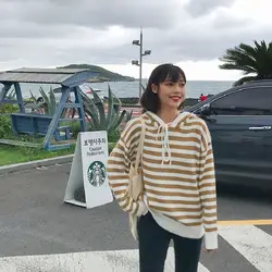Корейские повседневные Колледж стиль небольшой свежий полосатые кружевные свитер с капюшоном женские