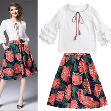 Высококачественные костюмы с юбкой весенние женские винтажные Блузы с рукавами «фонарик» блузка и плиссированная юбка с принтом листьев комплект NS202