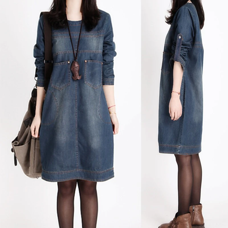 Denim Dress 2016 Spring Autumn Women O neck Long Sleeve Knee length ...