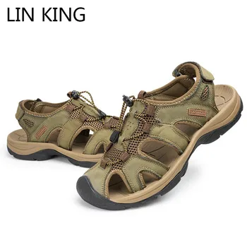 

LIN KING High Quality Big Size Genuine Leather Sandals For Men Comfortable Slip On Beach Shoes Non Slip Summer Gladiator Sandals