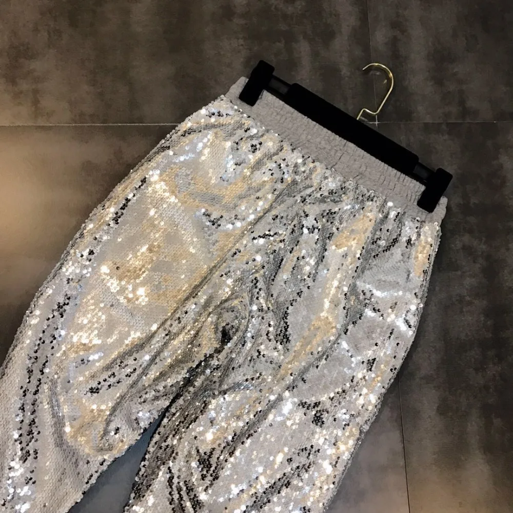 Recto Bling Casual De Silver Largo Mujer Mujeres Capris Pantalón Chic Cintura Pantalones Lentejuelas Lujo Fiesta Plata Elástica Cakucool 68Tqx7wPdT