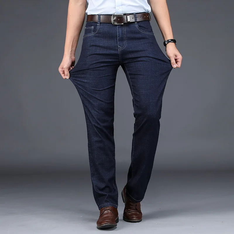 Весенне-летние модные классические мужские джинсы, эластичная одежда большого размера, повседневные смарт-джинсы, джинсовые штаны, простые деловые мужские джинсы