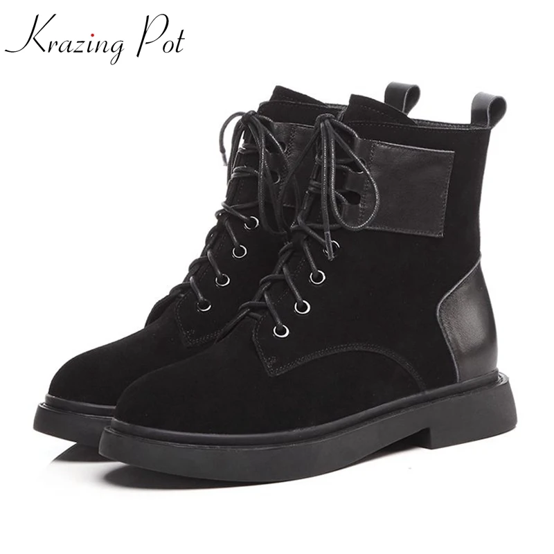 

Krazing Pot Winter keep warm cow suede cow leather western med heels round toe Korean designer cool riding equestrian boots L6f5
