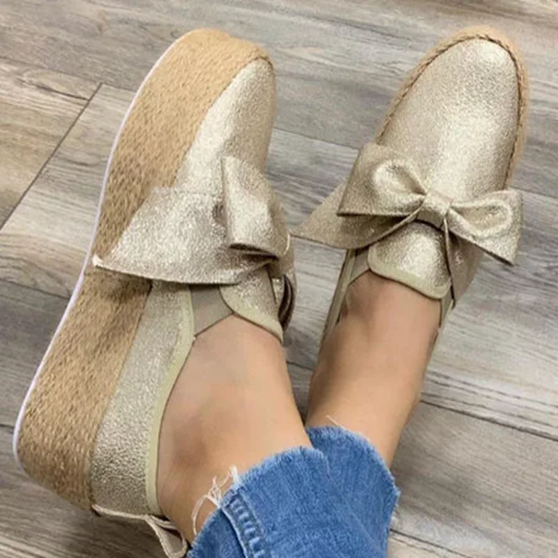 HEFLASHOR Espadrilles Women Flats Shoes Slip On Casual Ladies Shoes thick bottom Lazy Loafers Female Bow Tie Espadrilles - Color: Gold