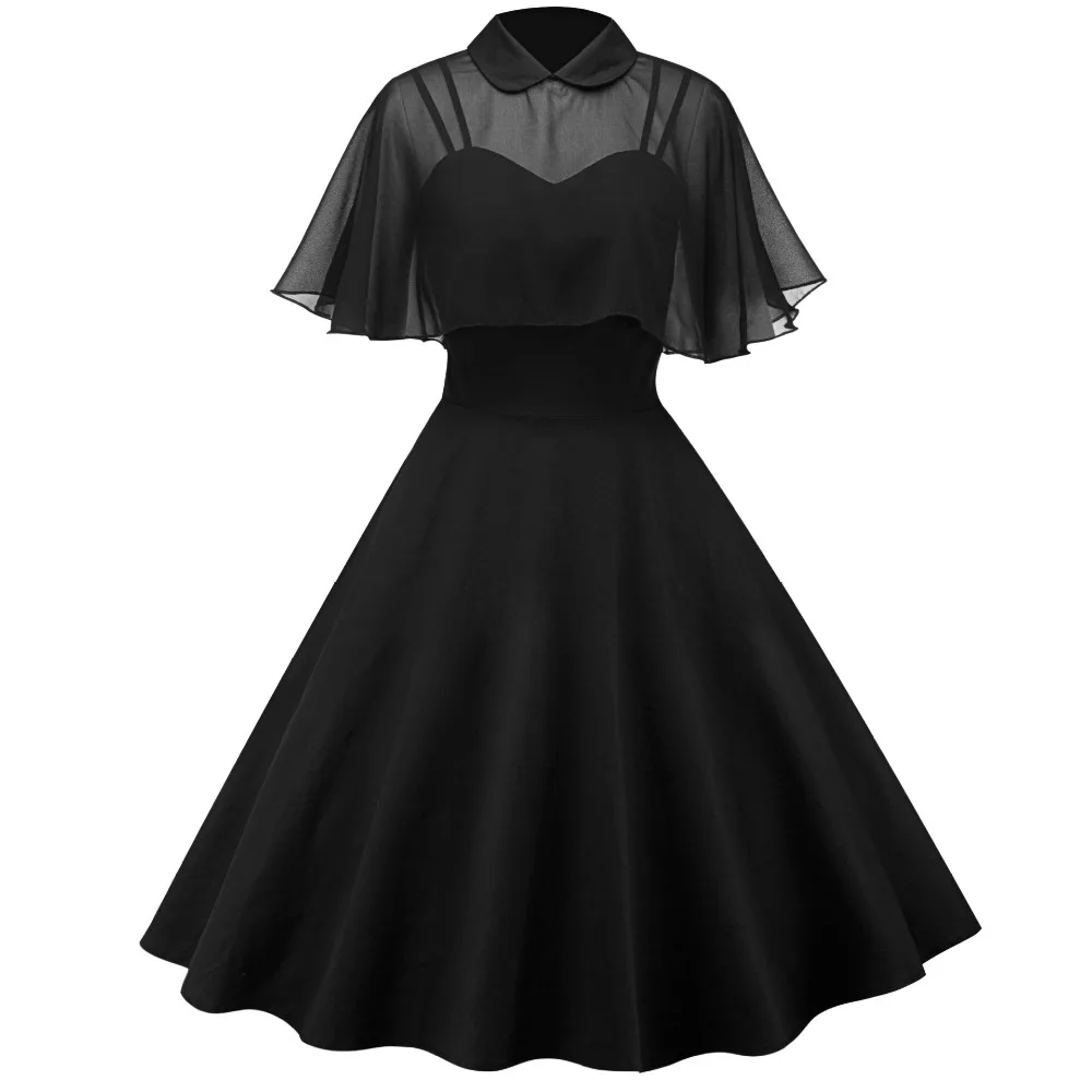 Kopen 2018 Pin Up Lente Vrouwen Jurk Sheer Mesh Cape Vintage Party Dress Vestidos Peter Pan Kraag Korte Mouwen A lijn Jurken gewaad