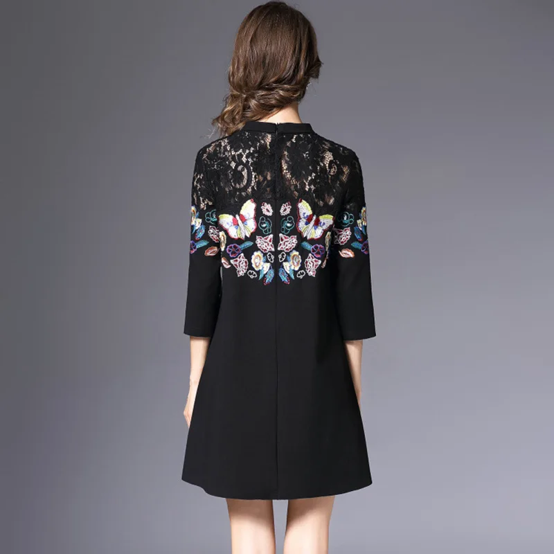 Высококачественное женское короткое платье с принтом бабочки на весну и осень, Дамское черное кружевное платье с вышивкой, элегантное приталенное платье трапециевидной формы размера плюс