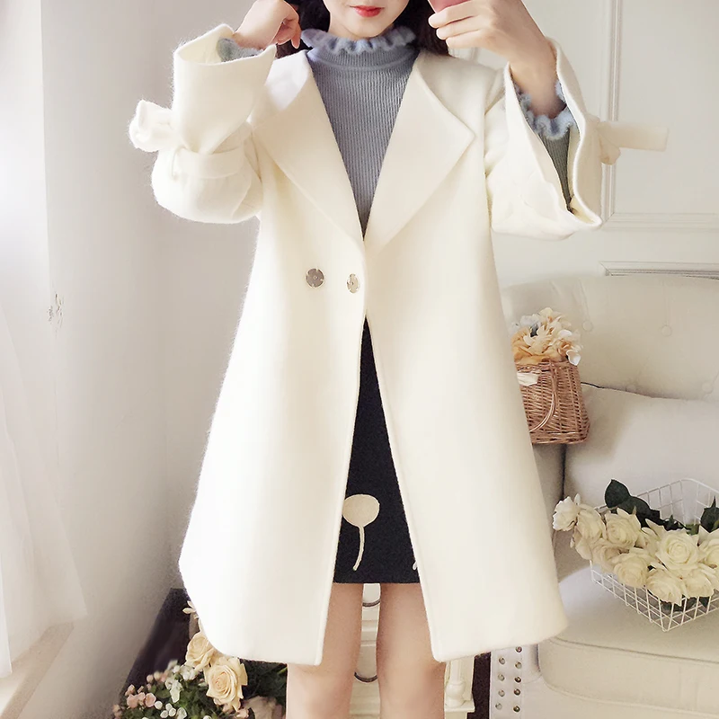 New Korean Sweet Autumn Winter Women Wool Coat White Pink Cashmere Office Lady Woolen Coats Flare Sleeve Elegant Warm Outerwear