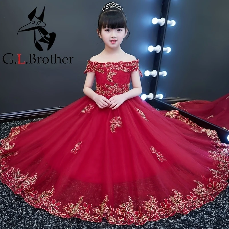 

Emboridery Kids Party Prom Dress First Communion Dresses Shoulderless Princess Ball Gown Luxury Banquet Vestidos For Girls S189