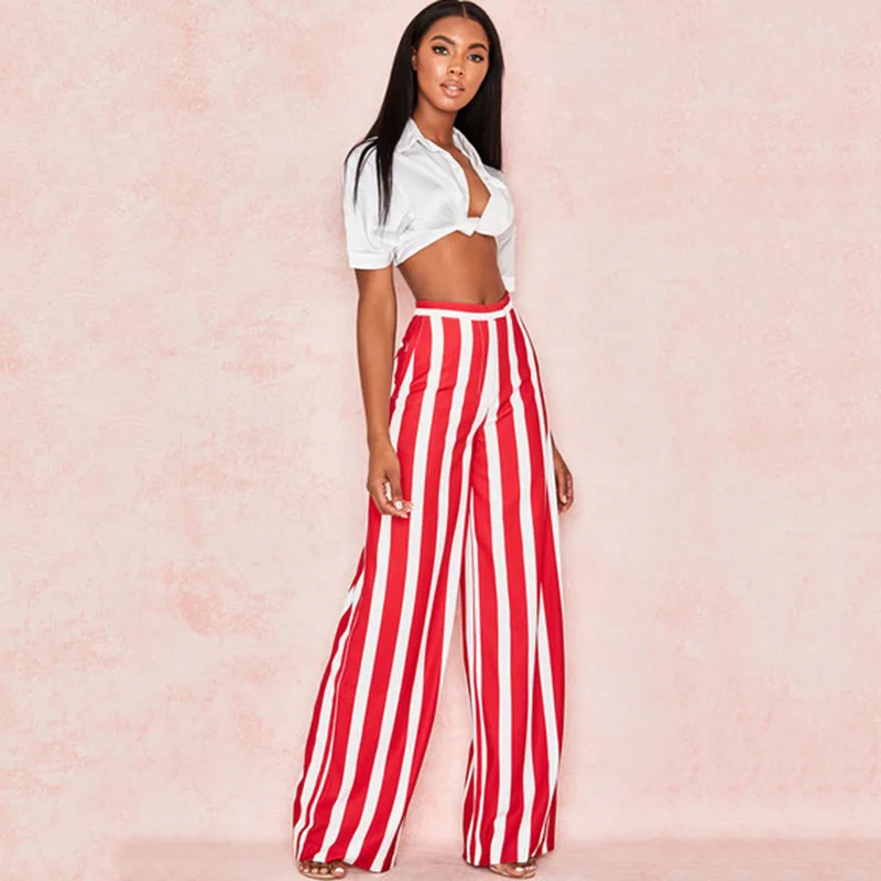 Red Fashion Stripe Wide Leg Pants For Women Ladies High Waist Casual Loose Pants Trousers 2019 New Streetwear Red Fashion Stripe Wide Leg Pants For Women Ladies High Waist Casual Loose Pants Trousers 2019 New Streetwear
