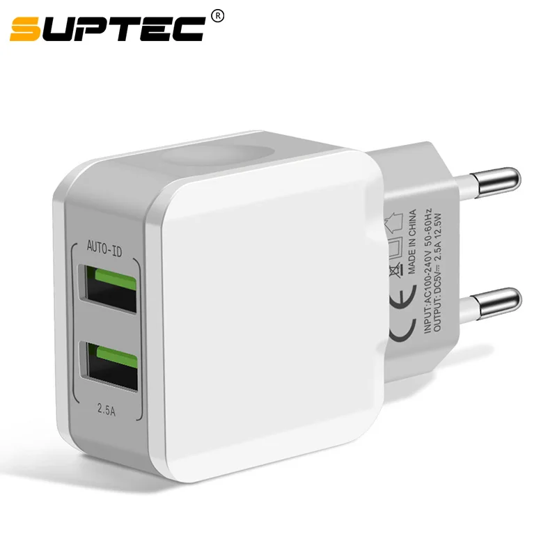 

SUPTEC 5V 2.4A Dual USB Charger for iPhone X 8 7 iPad Fast Mobile Phone Wall Charger EU Adapter for Samsung S9 S8 Huawei Xiaomi