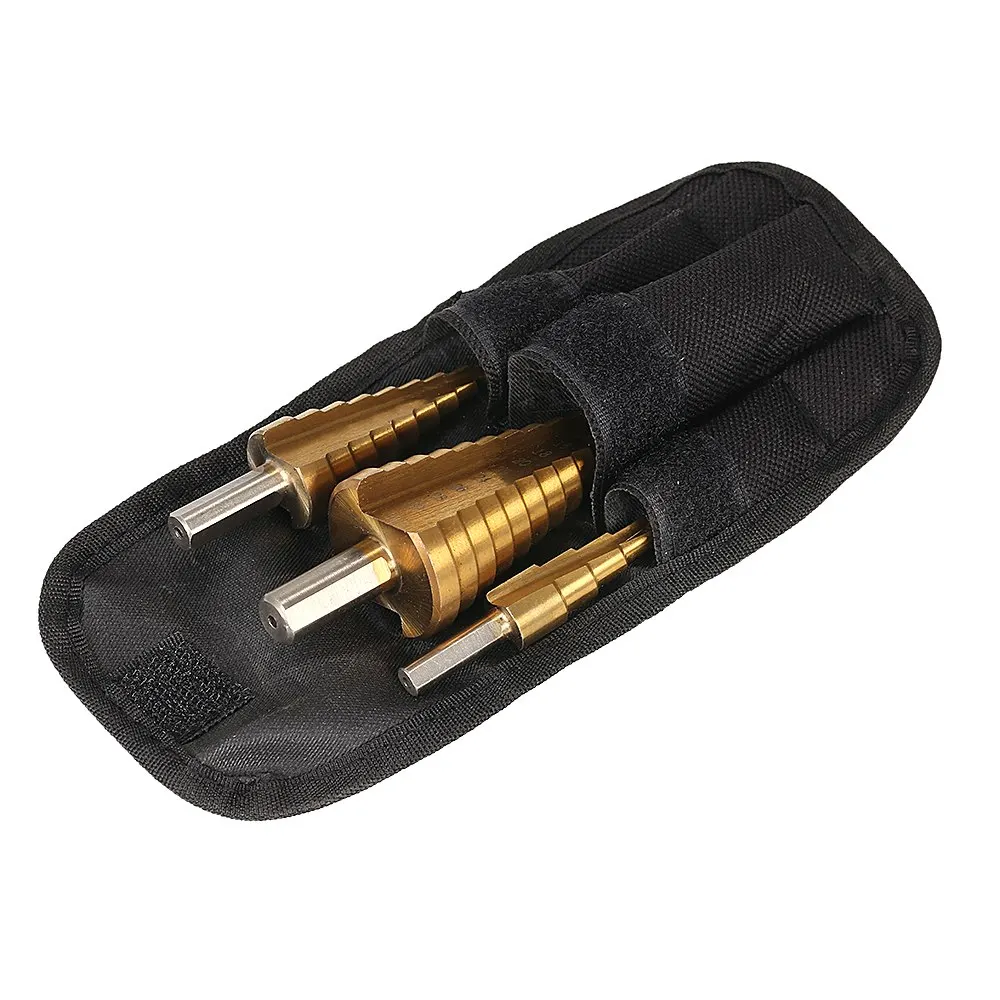 

3pcs HSS Step Drill Bits Titanium Coated Straight Flute Pagoda Drill Bit Set 4-12/4-20/4-32mm 1/4" Hex Shank Hole Cutter tools
