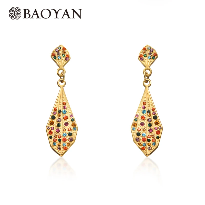 

Baoyan Gold Color Stainless Steel Earring For Women Color Rainbow Crystal Leaf Earring Women boho Fashion Women Earrings 2019