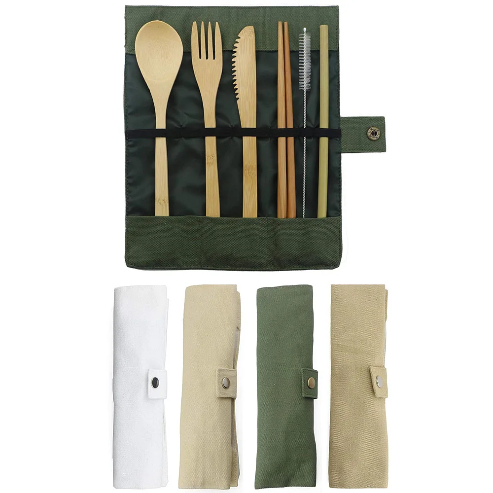 

7-Piece Wooden Flatware Cutlery Set Bamboo Straw Set With Cloth Bag Knives Fork Spoon Chopsticks Travel Dinnerware Set Wholesale