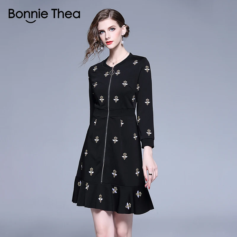 

Bonnie Thea black red Embroidery Winter dress women Autumn Elegant evening party dress fashion Mermaid short slim dress vestidos
