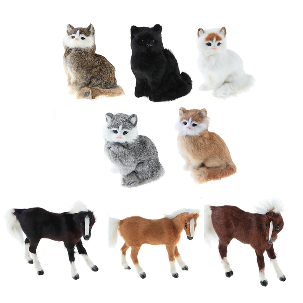 Simulation Faux Fur Horse/ Cat Model Kids Educational Toy Handicraft Collection Home Ornament