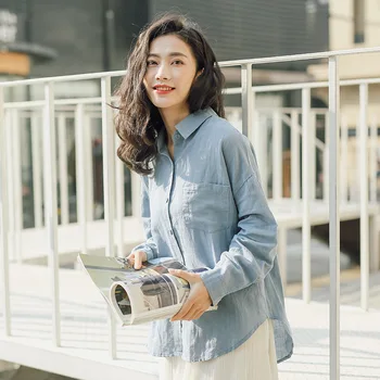 

korean fashion clothing women long sleeved blouse pure color blusas pocket office lady top cotton linen shirt female streetwear